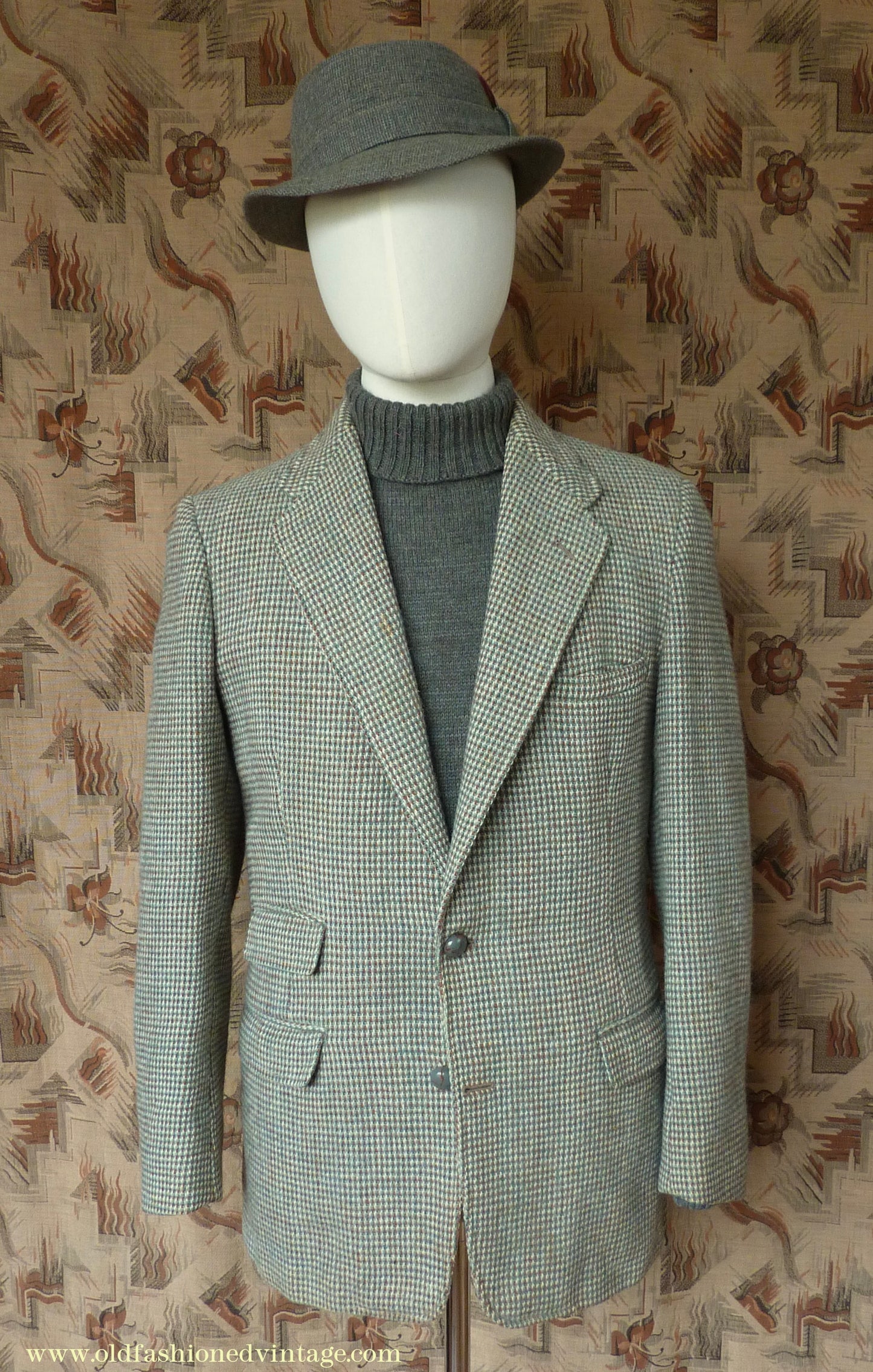 Vintage Mens 1950s Harris Tweed Sports Jacket Green Brown Check 37"