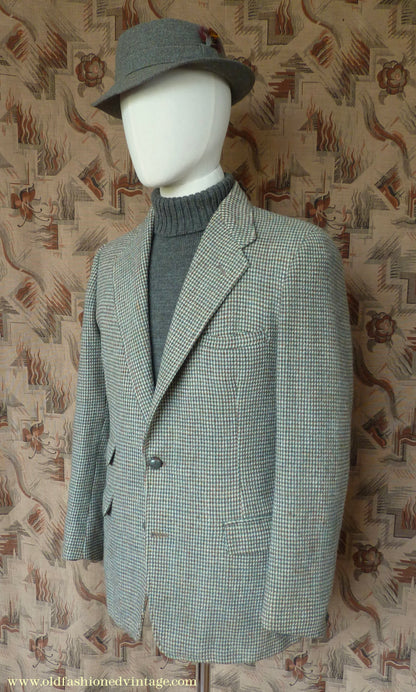 Vintage Mens 1950s Harris Tweed Sports Jacket Green Brown Check 37"