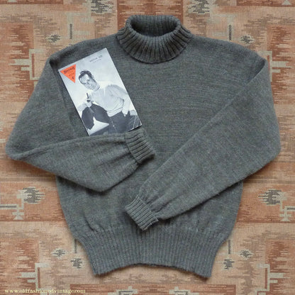 Old Fashioned Garments Vintage Reproduction 1940s Mens Roll Neck Jumper Grey Green Polo Turtle Sweater S/M