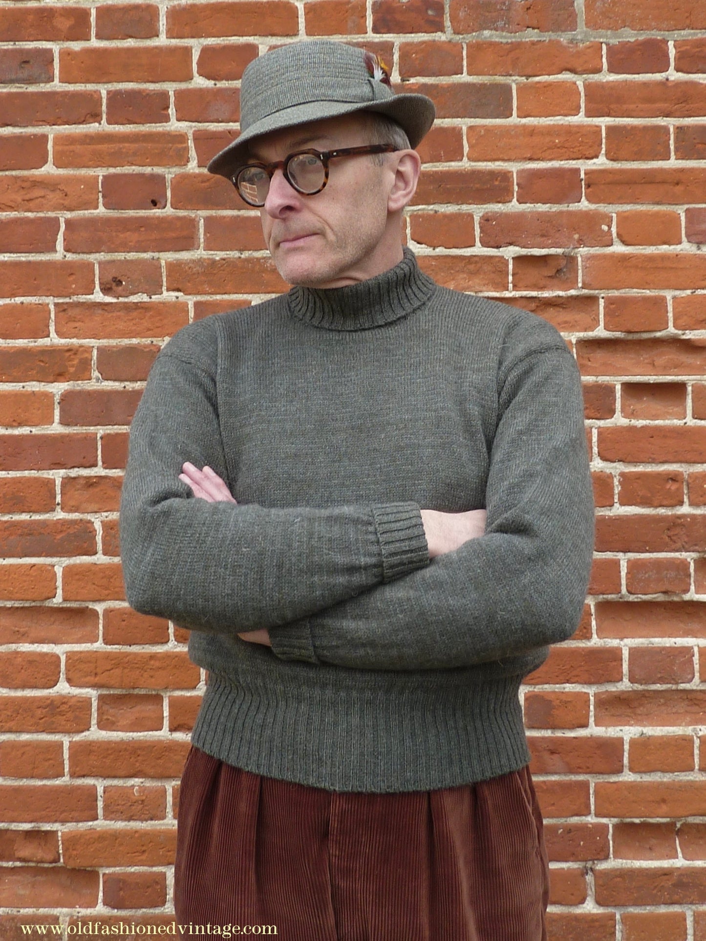 Old Fashioned Garments Vintage Reproduction 1940s Mens Roll Neck Jumper Grey Green Polo Turtle Sweater S/M