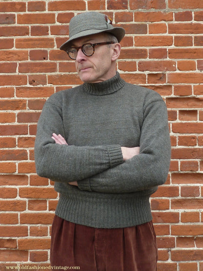 Old Fashioned Garments Vintage Reproduction 1940s Mens Roll Neck Jumper Grey Green Polo Turtle Sweater S/M