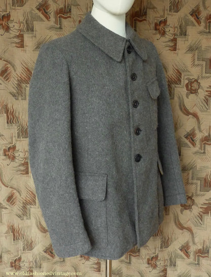 Vintage Mens 1930s 1940s European Workwear Uniform Jacket Heavyweight Grey Brown Wool Patch Pockets 36" 38"