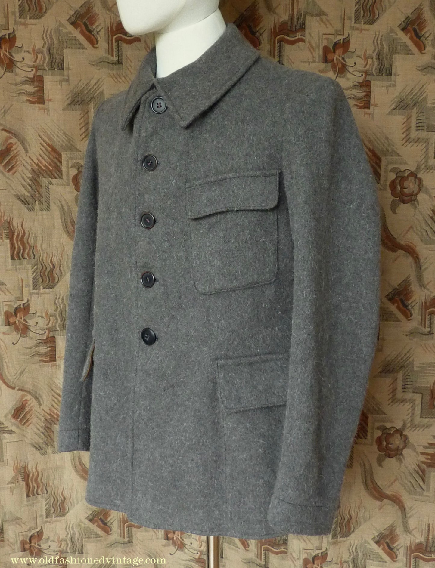Vintage Mens 1930s 1940s European Workwear Uniform Jacket Heavyweight Grey Brown Wool Patch Pockets 36" 38"