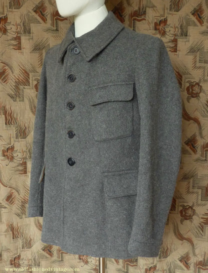 Vintage Mens 1930s 1940s European Workwear Uniform Jacket Heavyweight Grey Brown Wool Patch Pockets 36" 38"