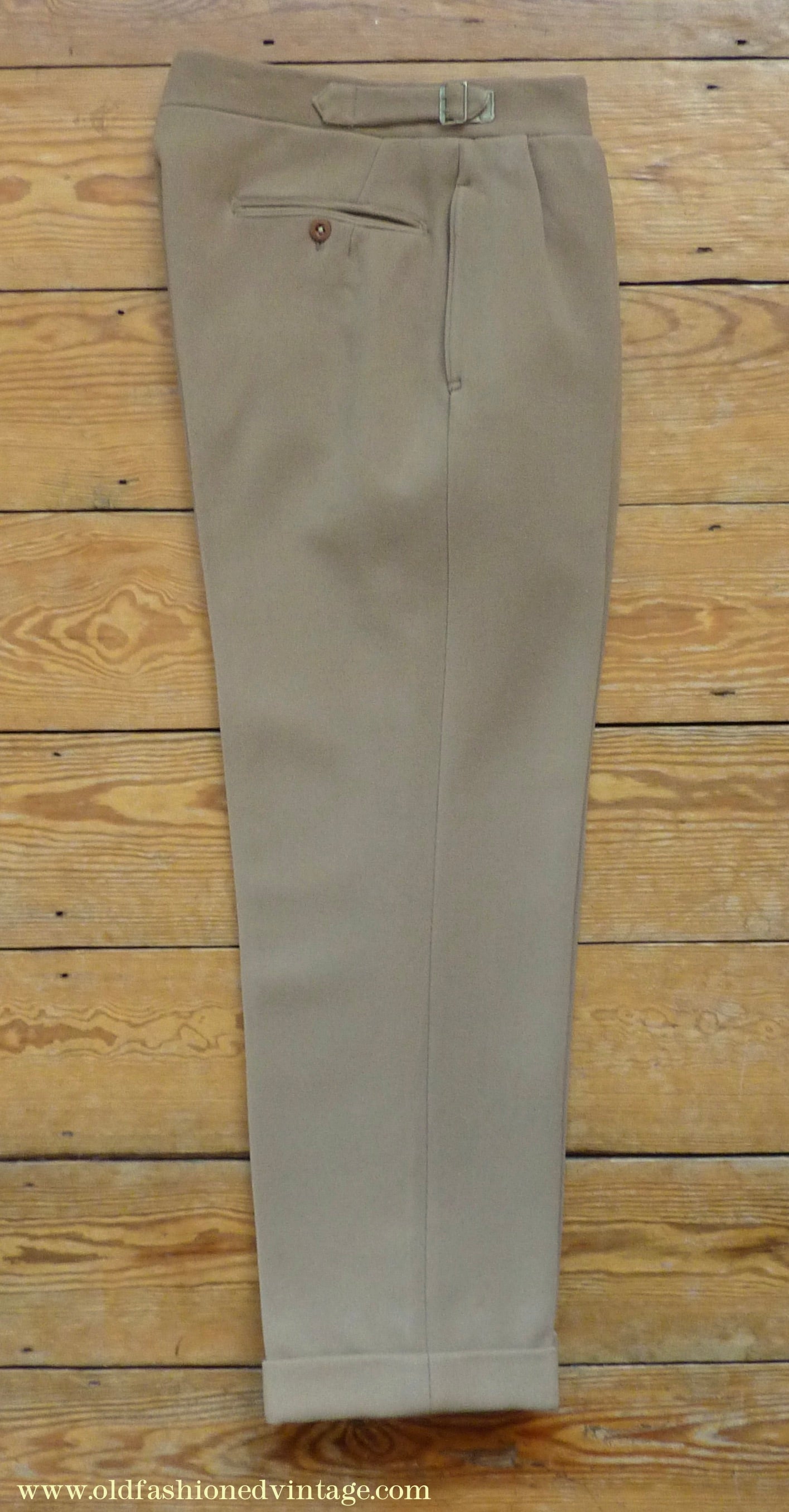 Vintage Mens 1940s Bespoke Cavalry Twill Trousers Heavyweight Beige Wool Pants 30"