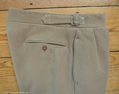 Vintage Mens 1940s Bespoke Cavalry Twill Trousers Heavyweight Beige Wool Pants 30"