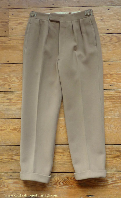Vintage Mens 1940s Bespoke Cavalry Twill Trousers Heavyweight Beige Wool Pants 30"