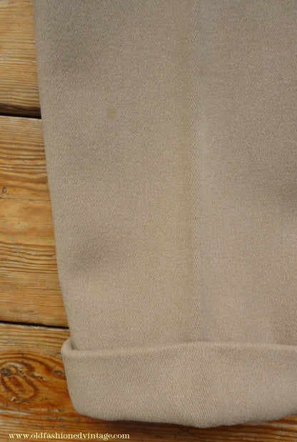 Vintage Mens 1940s Bespoke Cavalry Twill Trousers Heavyweight Beige Wool Pants 30"