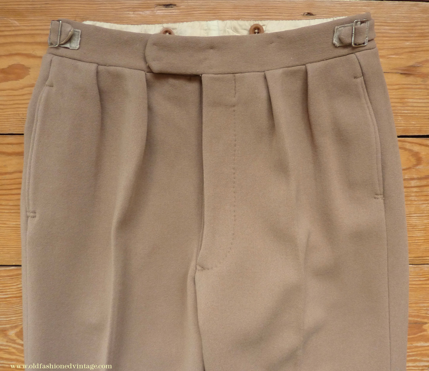 Vintage Mens 1940s Bespoke Cavalry Twill Trousers Heavyweight Beige Wool Pants 30"