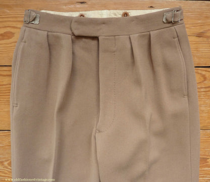 Vintage Mens 1940s Bespoke Cavalry Twill Trousers Heavyweight Beige Wool Pants 30"