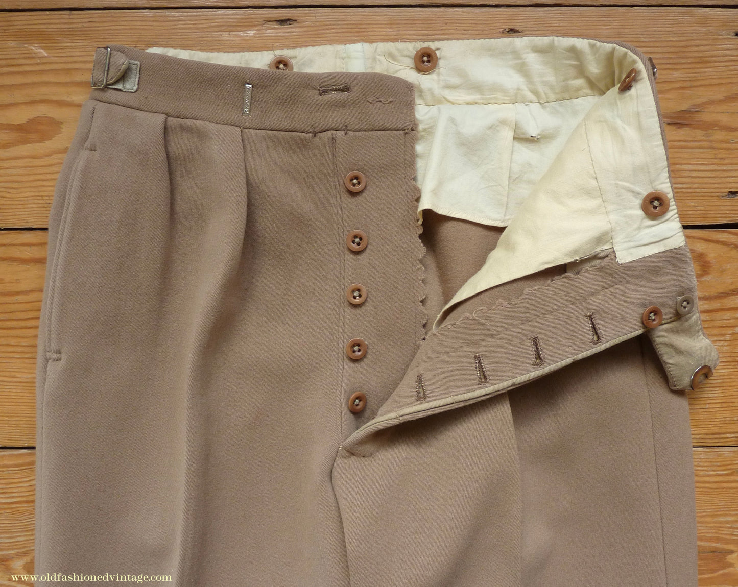 Vintage Mens 1940s Bespoke Cavalry Twill Trousers Heavyweight Beige Wool Pants 30"
