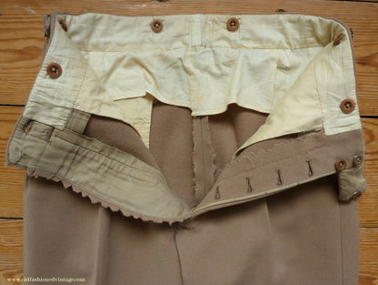 Vintage Mens 1940s Bespoke Cavalry Twill Trousers Heavyweight Beige Wool Pants 30"