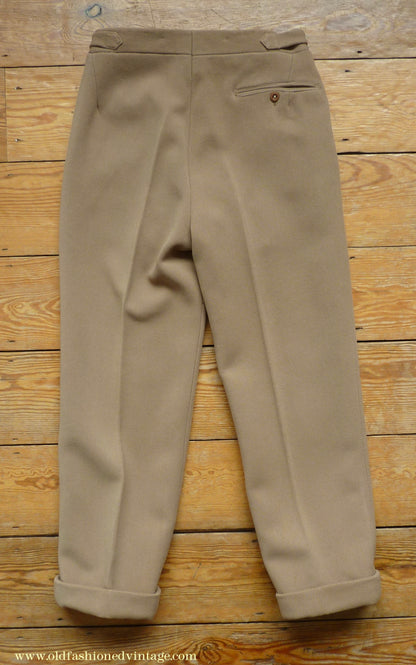 Vintage Mens 1940s Bespoke Cavalry Twill Trousers Heavyweight Beige Wool Pants 30"