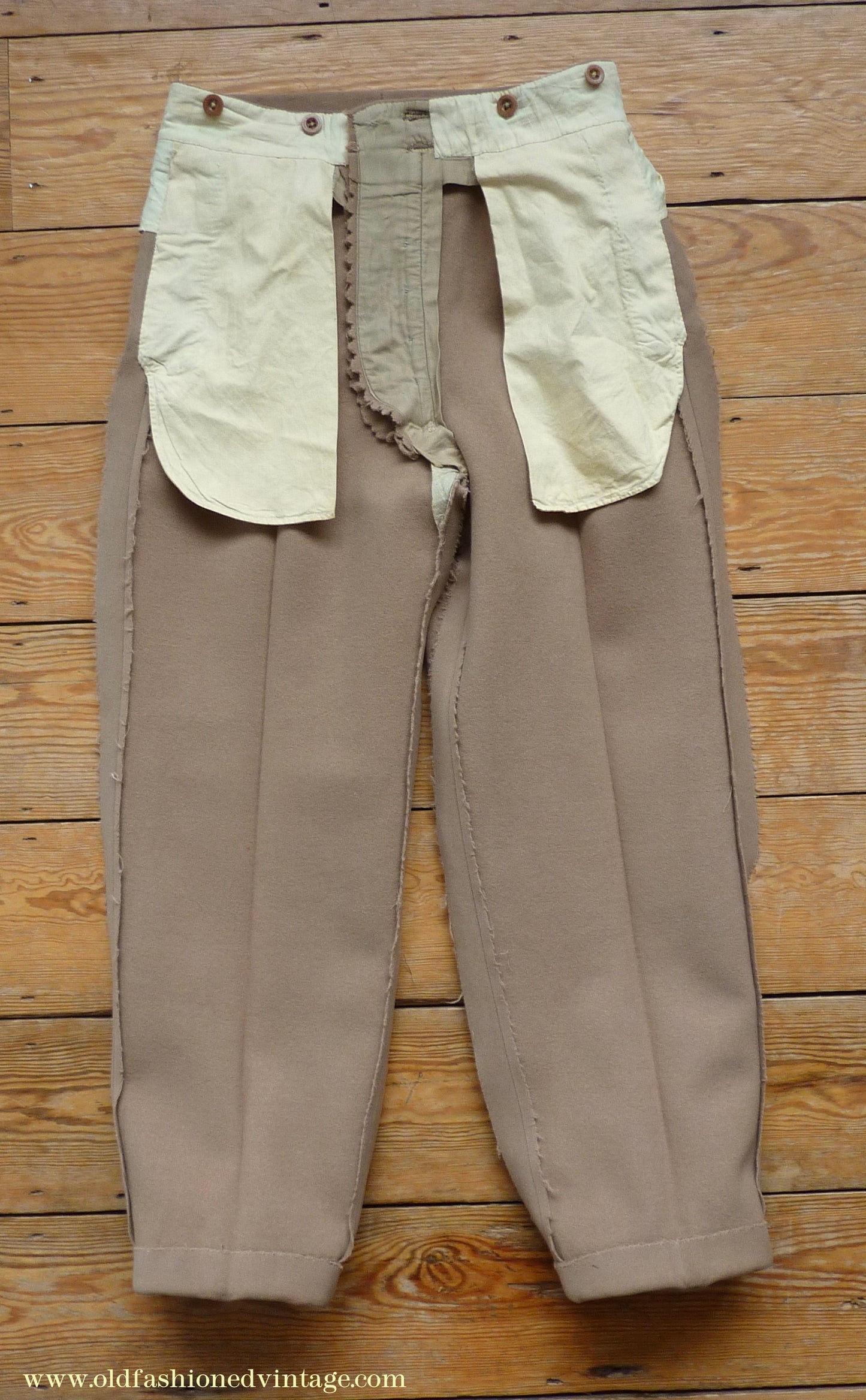 Vintage Mens 1940s Bespoke Cavalry Twill Trousers Heavyweight Beige Wool Pants 30"