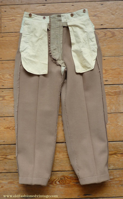 Vintage Mens 1940s Bespoke Cavalry Twill Trousers Heavyweight Beige Wool Pants 30"
