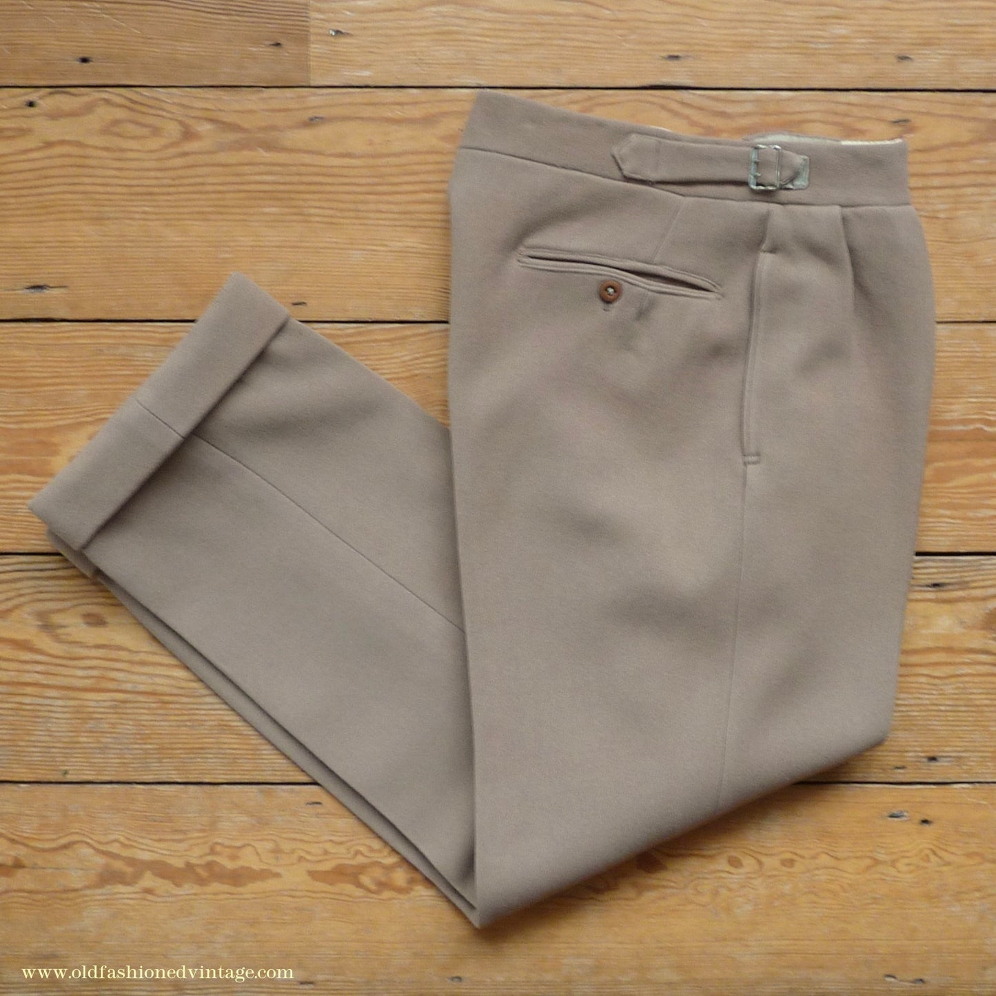 Vintage Mens 1940s Bespoke Cavalry Twill Trousers Heavyweight Beige Wool Pants 30"