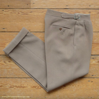Vintage Mens 1940s Bespoke Cavalry Twill Trousers Heavyweight Beige Wool Pants 30"