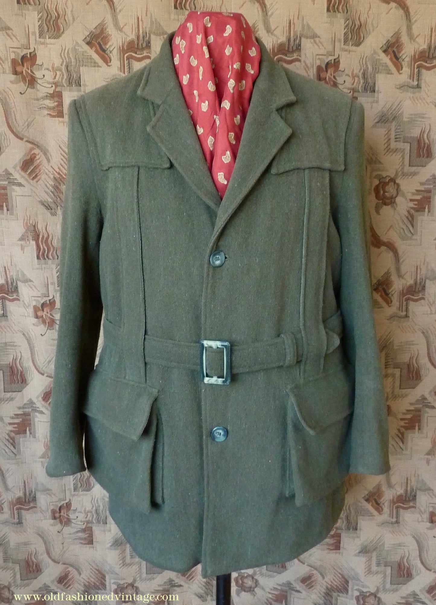 Vintage Mens 1980s 1990s Loden Norfolk Country Shooting Belted Jacket Green Wool Blend 44"