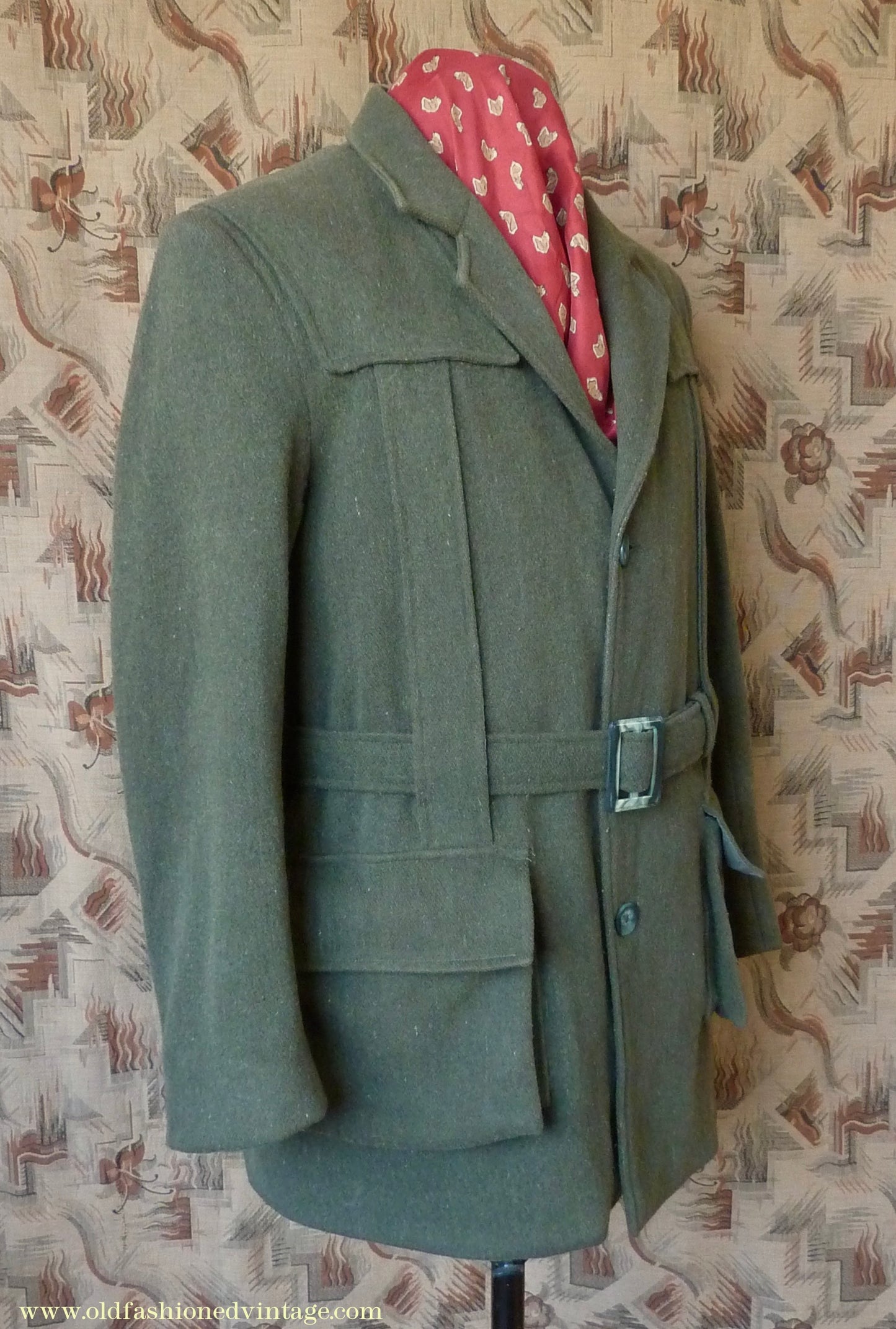 Vintage Mens 1980s 1990s Loden Norfolk Country Shooting Belted Jacket Green Wool Blend 44"