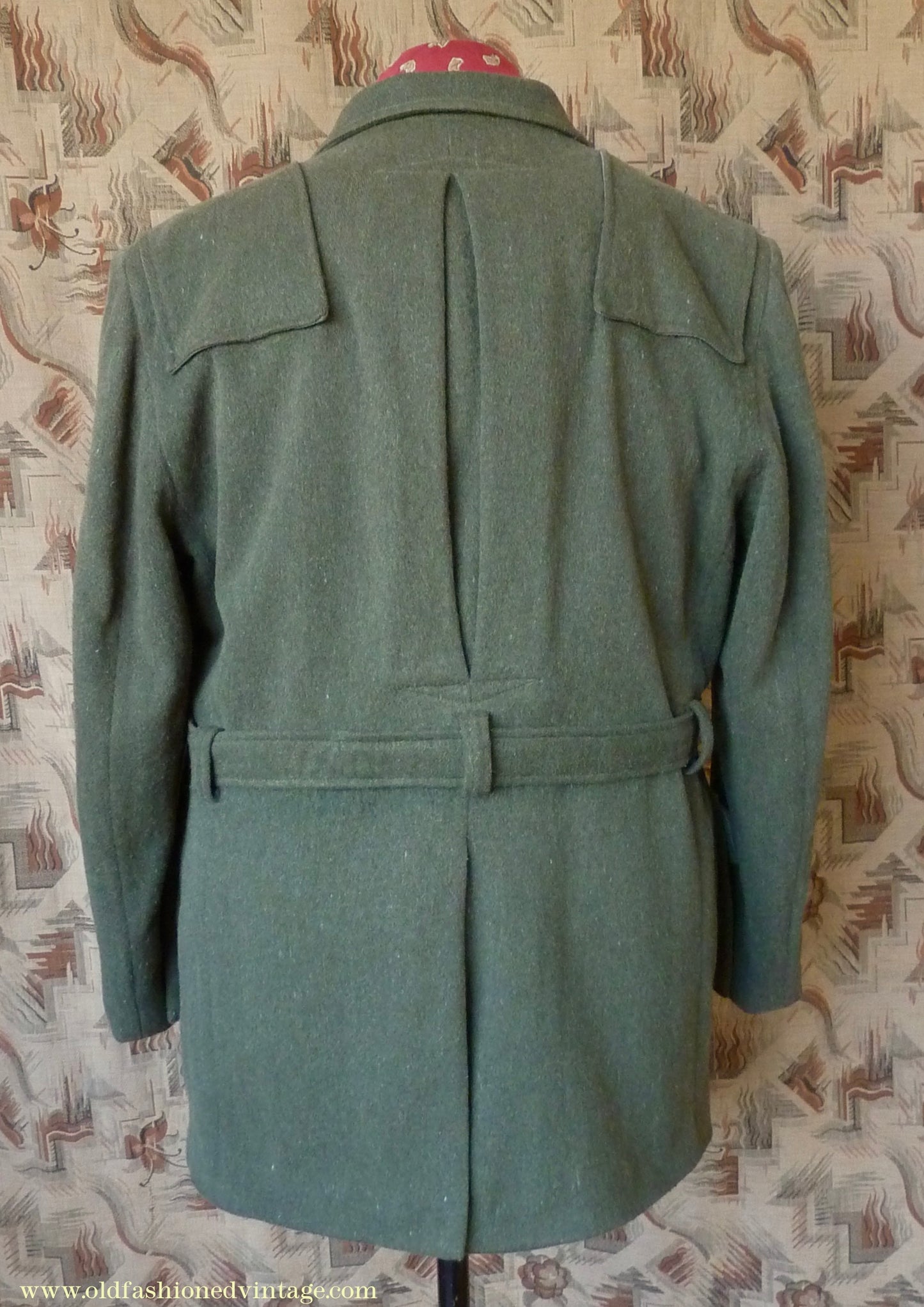 Vintage Mens 1980s 1990s Loden Norfolk Country Shooting Belted Jacket Green Wool Blend 44"