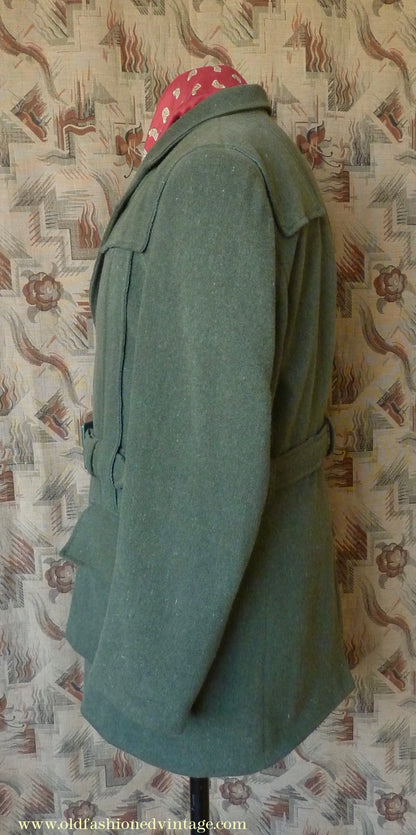 Vintage Mens 1980s 1990s Loden Norfolk Country Shooting Belted Jacket Green Wool Blend 44"