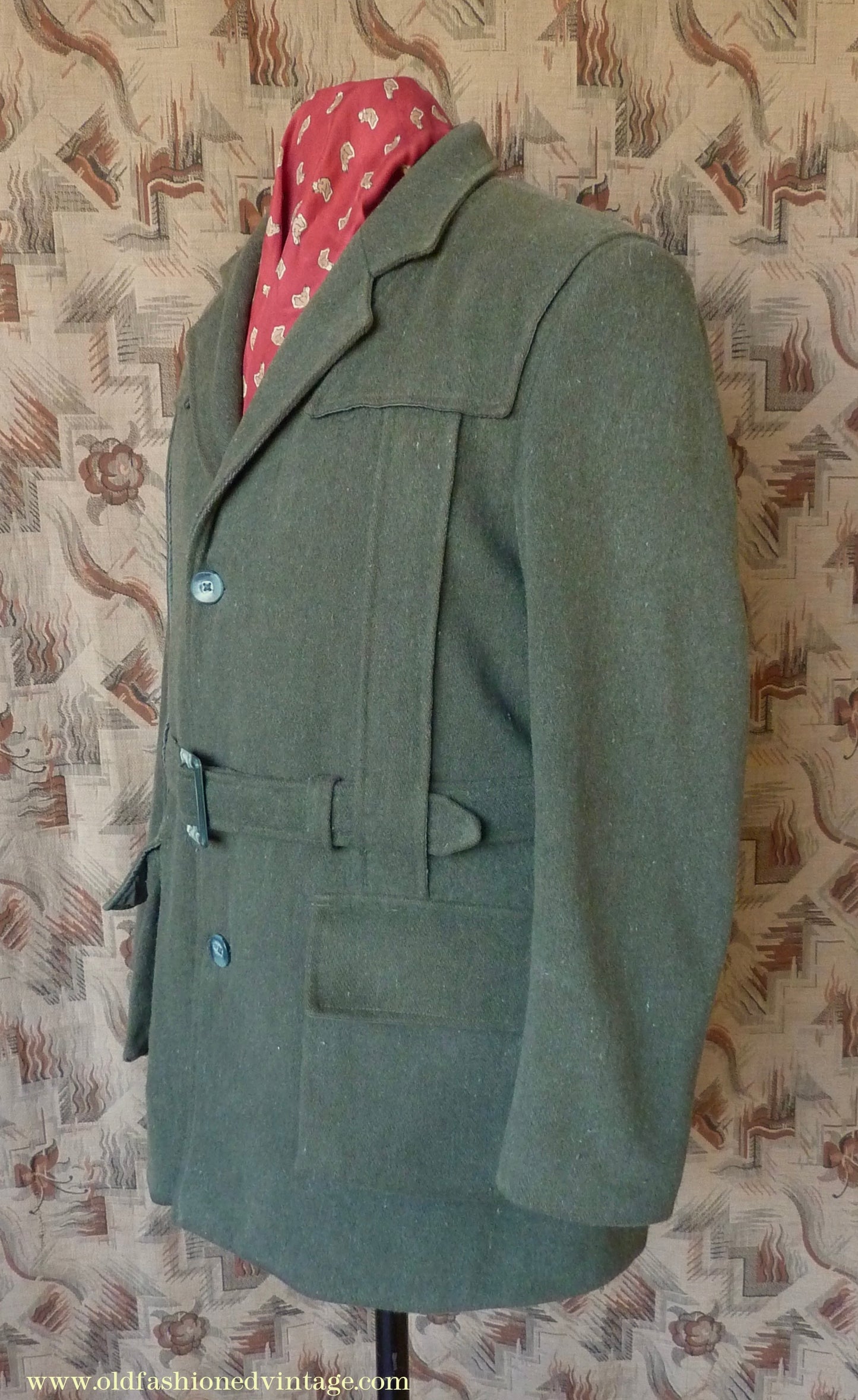 Vintage Mens 1980s 1990s Loden Norfolk Country Shooting Belted Jacket Green Wool Blend 44"