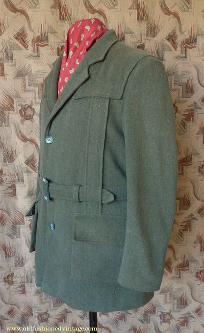 Vintage Mens 1980s 1990s Loden Norfolk Country Shooting Belted Jacket Green Wool Blend 44"