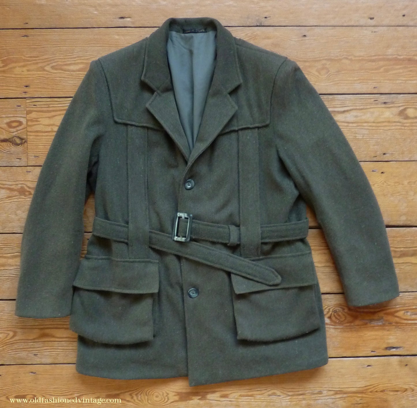 Vintage Mens 1980s 1990s Loden Norfolk Country Shooting Belted Jacket Green Wool Blend 44"