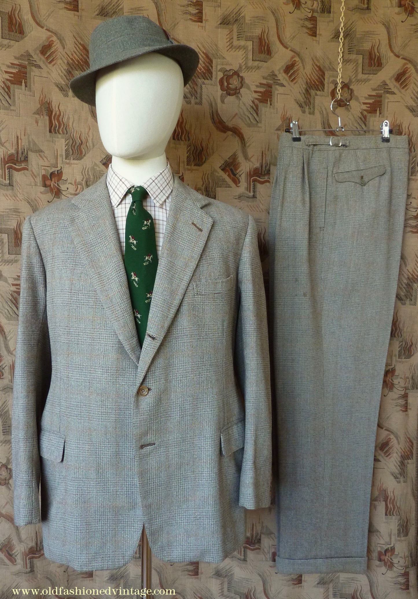 Vintage Mens 1950s Bespoke Suit 2 Piece Single Breasted Light Green Brown Glen Plaid Wool 42" Long