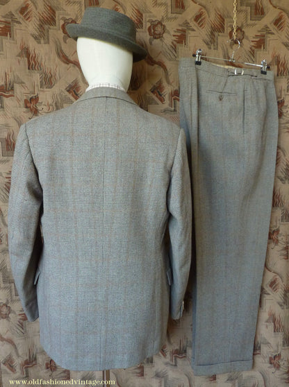 Vintage Mens 1950s Bespoke Suit 2 Piece Single Breasted Light Green Brown Glen Plaid Wool 42" Long