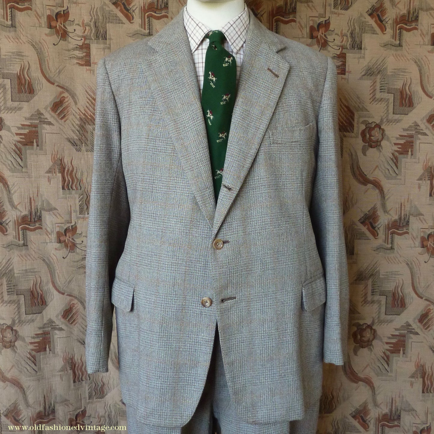 Vintage Mens 1950s Bespoke Suit 2 Piece Single Breasted Light Green Brown Glen Plaid Wool 42" Long