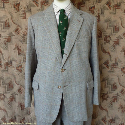 Vintage Mens 1950s Bespoke Suit 2 Piece Single Breasted Light Green Brown Glen Plaid Wool 42" Long
