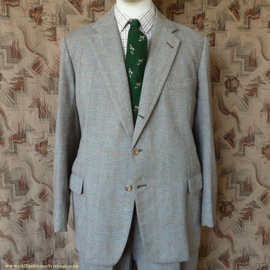 Vintage Mens 1950s Bespoke Suit 2 Piece Single Breasted Light Green Brown Glen Plaid Wool 42" Long