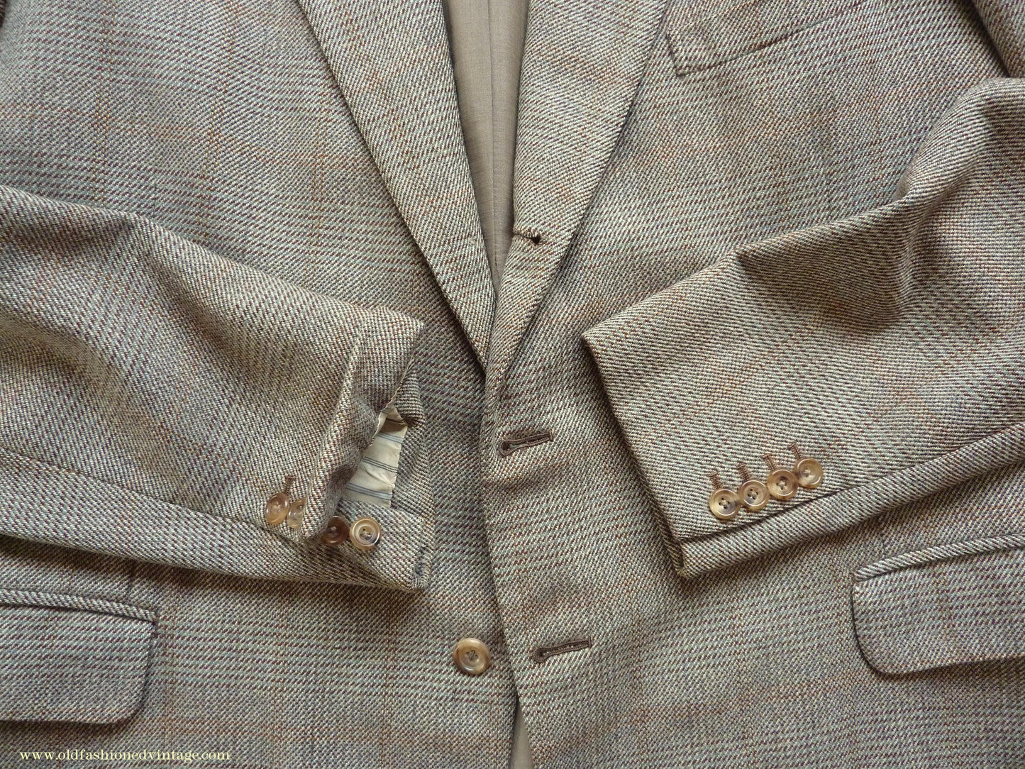 Vintage Mens 1950s Bespoke Suit 2 Piece Single Breasted Light Green Brown Glen Plaid Wool 42" Long