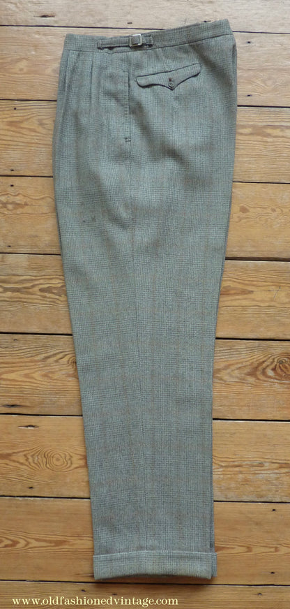 Vintage Mens 1950s Bespoke Suit 2 Piece Single Breasted Light Green Brown Glen Plaid Wool 42" Long