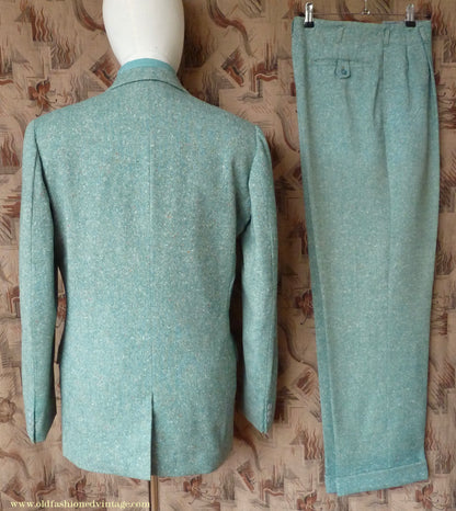 Vintage Mens 1950s Suit 2 Piece Single Breasted Japanese Custom Tailored Spearmint Green Flecked Wool Donegal Tweed 36" 38" Long