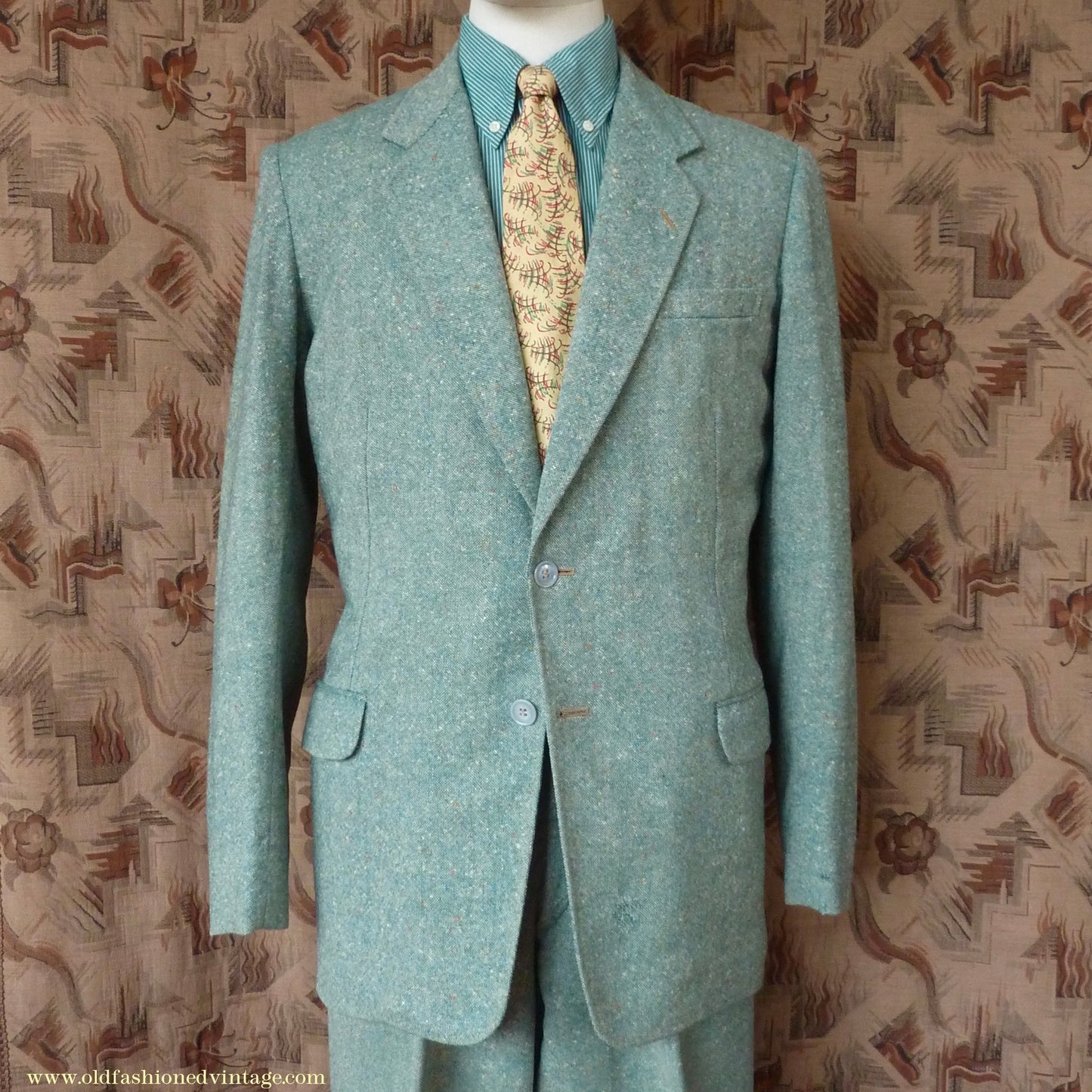Vintage Mens 1950s Suit 2 Piece Single Breasted Japanese Custom Tailored Spearmint Green Flecked Wool Donegal Tweed 36" 38" Long
