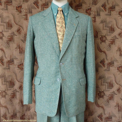 Vintage Mens 1950s Suit 2 Piece Single Breasted Japanese Custom Tailored Spearmint Green Flecked Wool Donegal Tweed 36" 38" Long