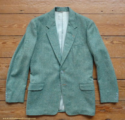 Vintage Mens 1950s Suit 2 Piece Single Breasted Japanese Custom Tailored Spearmint Green Flecked Wool Donegal Tweed 36" 38" Long