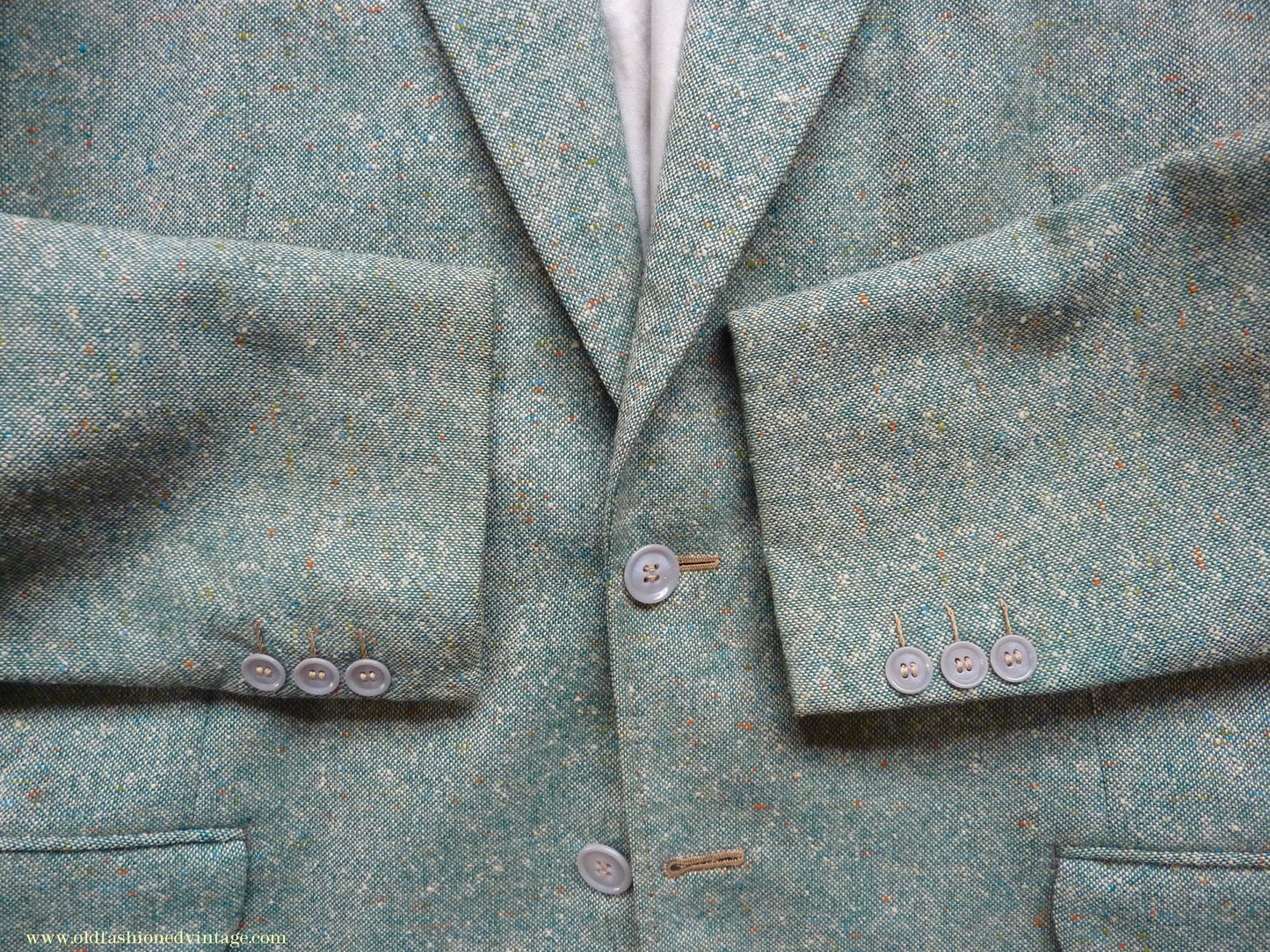 Vintage Mens 1950s Suit 2 Piece Single Breasted Japanese Custom Tailored Spearmint Green Flecked Wool Donegal Tweed 36" 38" Long
