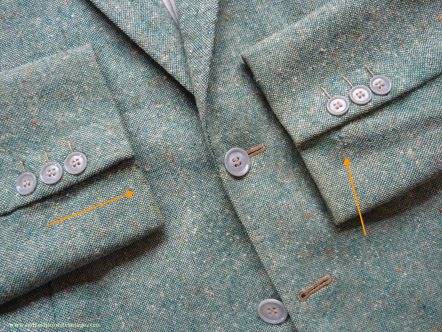 Vintage Mens 1950s Suit 2 Piece Single Breasted Japanese Custom Tailored Spearmint Green Flecked Wool Donegal Tweed 36" 38" Long