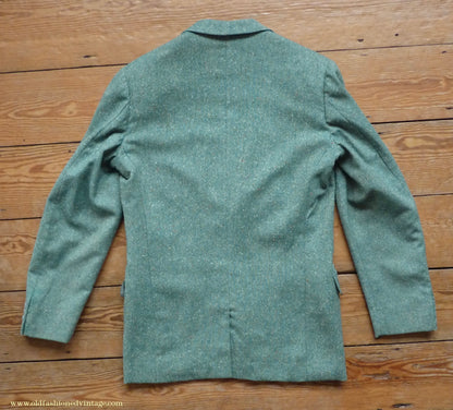 Vintage Mens 1950s Suit 2 Piece Single Breasted Japanese Custom Tailored Spearmint Green Flecked Wool Donegal Tweed 36" 38" Long