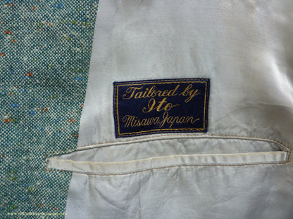 Vintage Mens 1950s Suit 2 Piece Single Breasted Japanese Custom Tailored Spearmint Green Flecked Wool Donegal Tweed 36" 38" Long