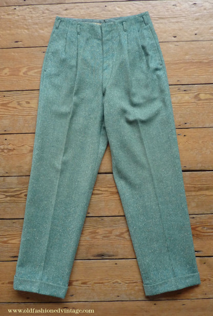 Vintage Mens 1950s Suit 2 Piece Single Breasted Japanese Custom Tailored Spearmint Green Flecked Wool Donegal Tweed 36" 38" Long