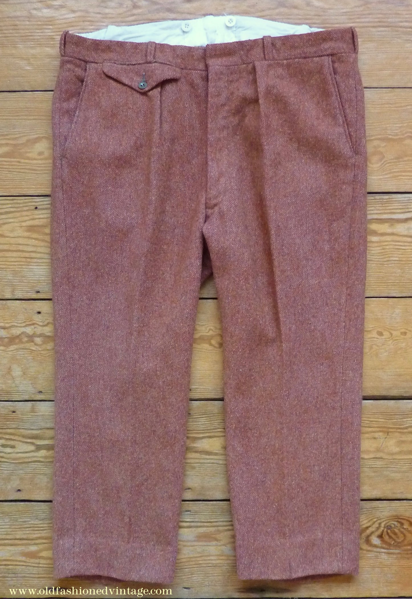 Vintage Mens 1950s Trousers Brick Red Brown Tweed Wool Pants 38" Extra Short