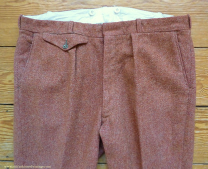 Vintage Mens 1950s Trousers Brick Red Brown Tweed Wool Pants 38" Extra Short