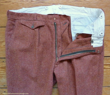 Vintage Mens 1950s Trousers Brick Red Brown Tweed Wool Pants 38" Extra Short