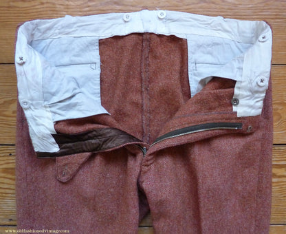 Vintage Mens 1950s Trousers Brick Red Brown Tweed Wool Pants 38" Extra Short