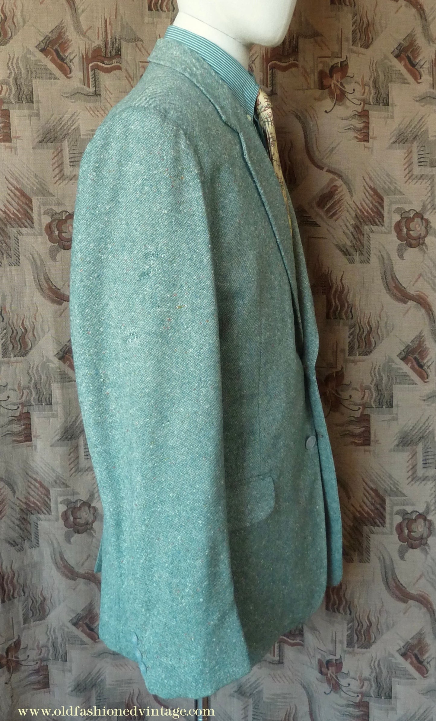 Vintage Mens 1950s Suit 2 Piece Single Breasted Japanese Custom Tailored Spearmint Green Flecked Wool Donegal Tweed 36" 38" Long