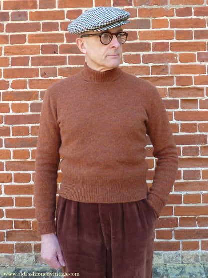 Old Fashioned Garments Vintage Reproduction 1940s Mens Polo Neck Jumper Burnt Sienna Roll Turtle Sweater M